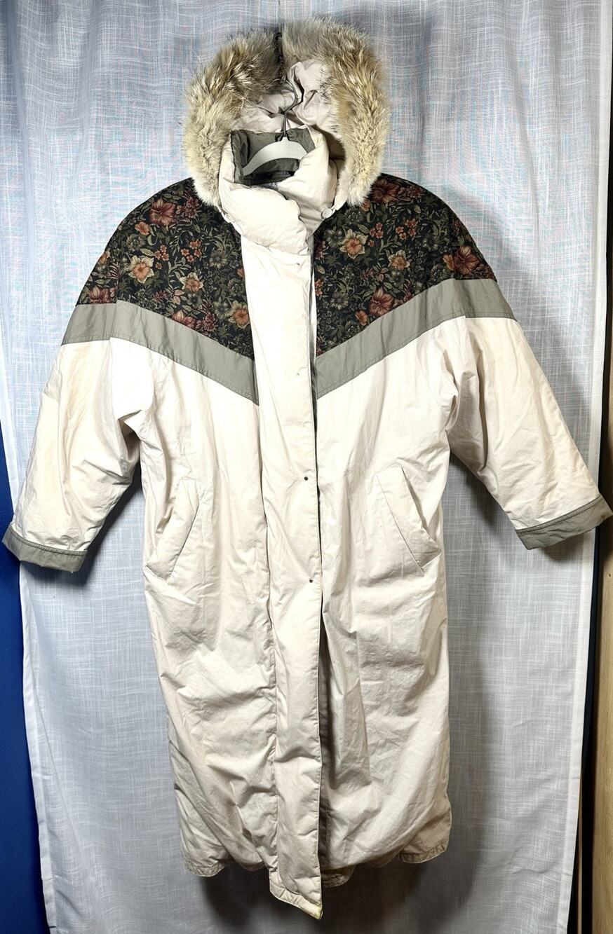 Vtg Cyclone White Floral Hooded Winter Jacket Puffy Long Women’s Sz 12